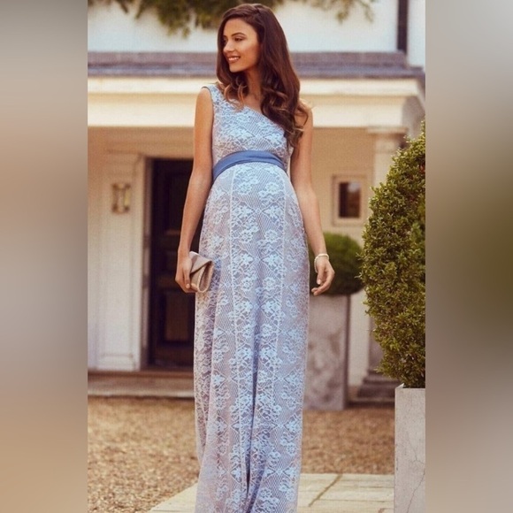 Tiffany Rose Maternity Gia Lace One Shoulder Maxi Gown Blue NWT includes sash! - Picture 10 of 10